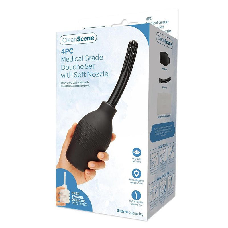 Cleanscene - 4 piece medical grade anal douche set -  box front view | Flirtybay.com.au